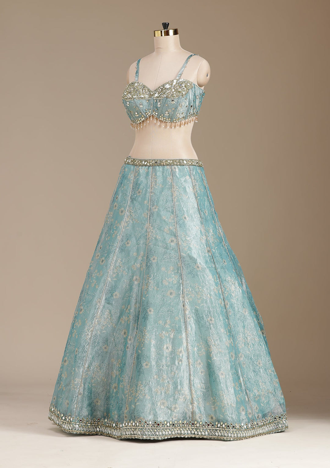 Sea Green Mirrorwork Organza Readymade Lehenga-koskii