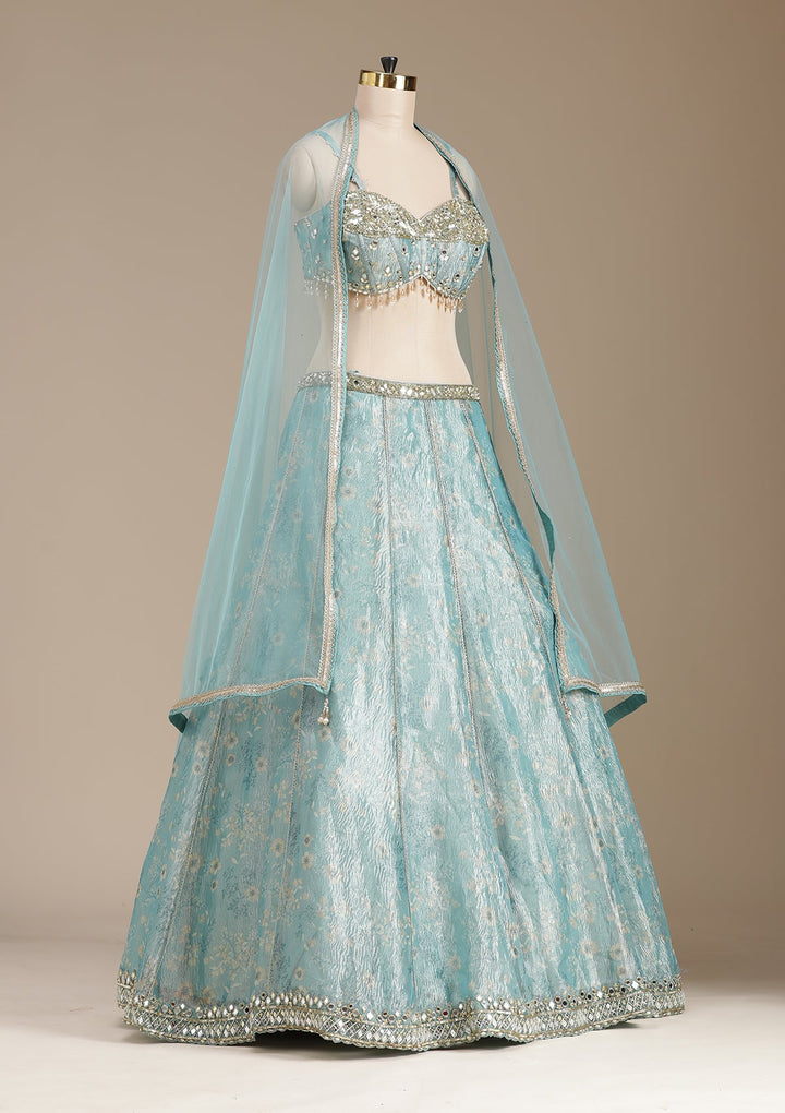 Sea Green Mirrorwork Organza Readymade Lehenga-koskii