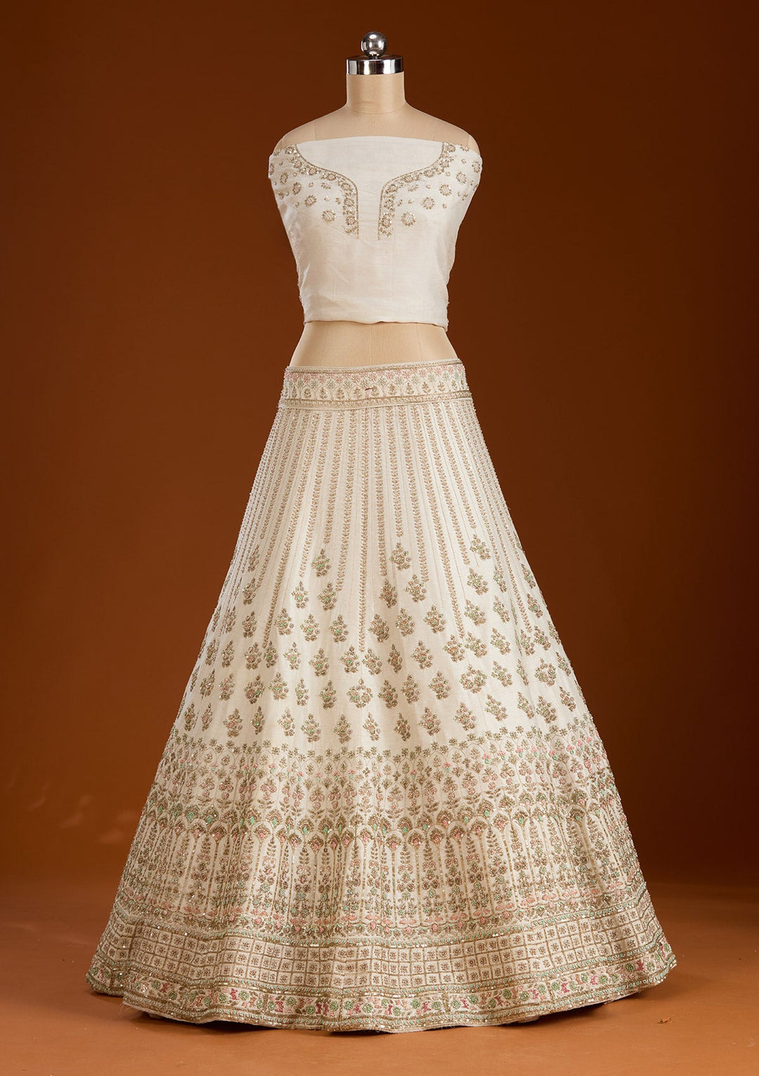 Cream Zardosi Raw Silk Semi-Stitched Lehenga-koskii