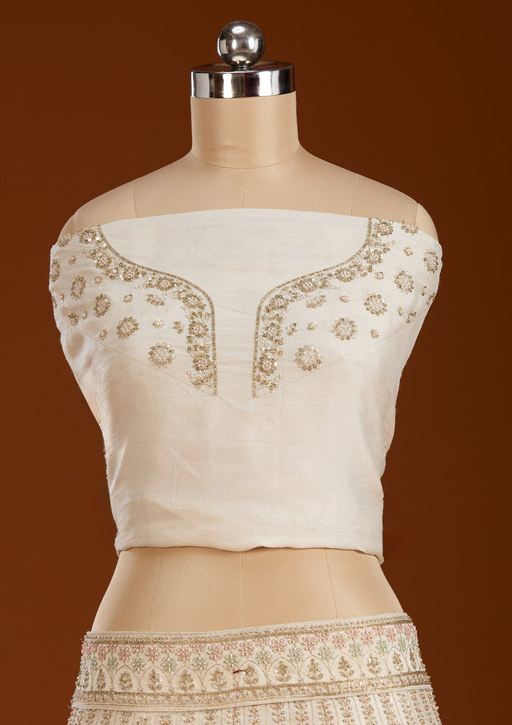Cream Zardosi Raw Silk Semi-Stitched Lehenga-koskii