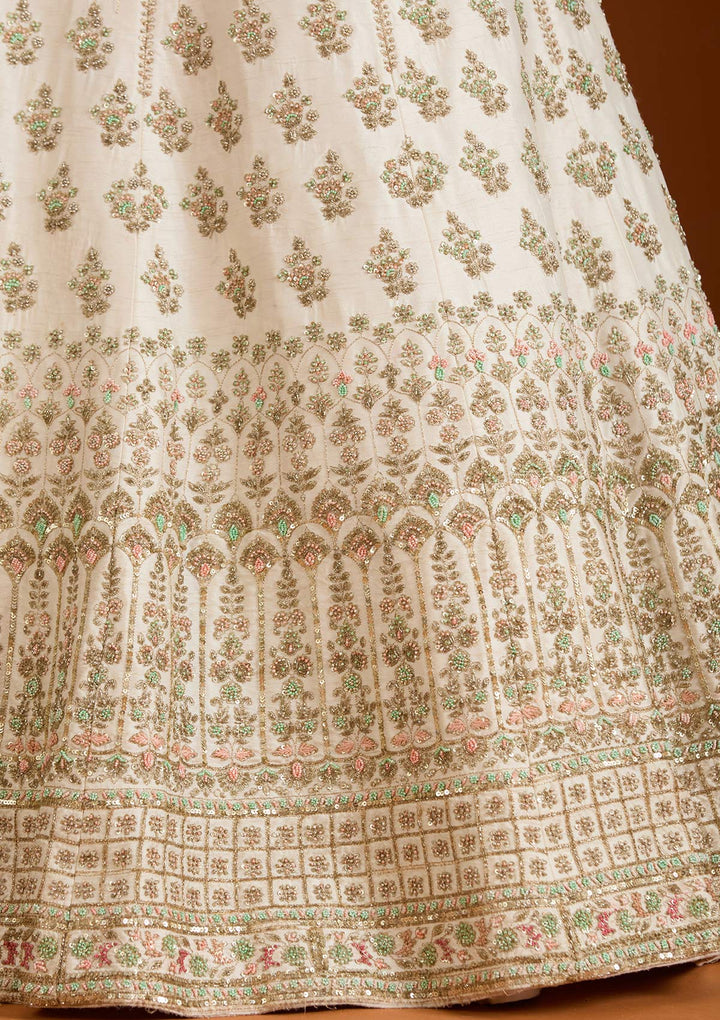 Cream Zardosi Raw Silk Semi-Stitched Lehenga-koskii