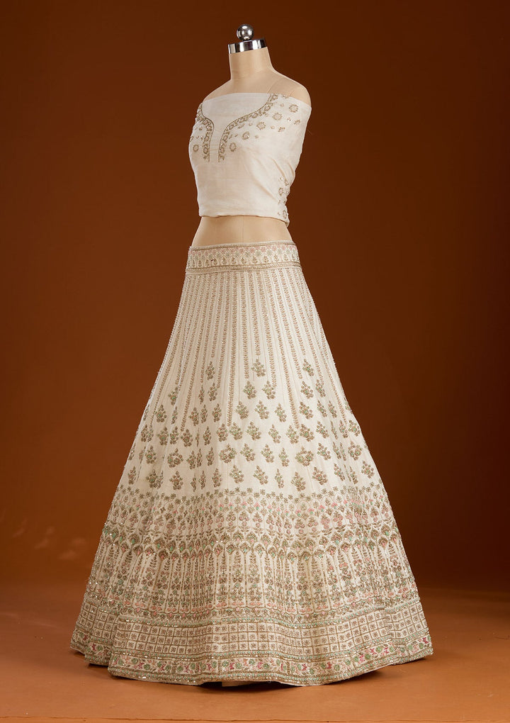 Cream Zardosi Raw Silk Semi-Stitched Lehenga-koskii
