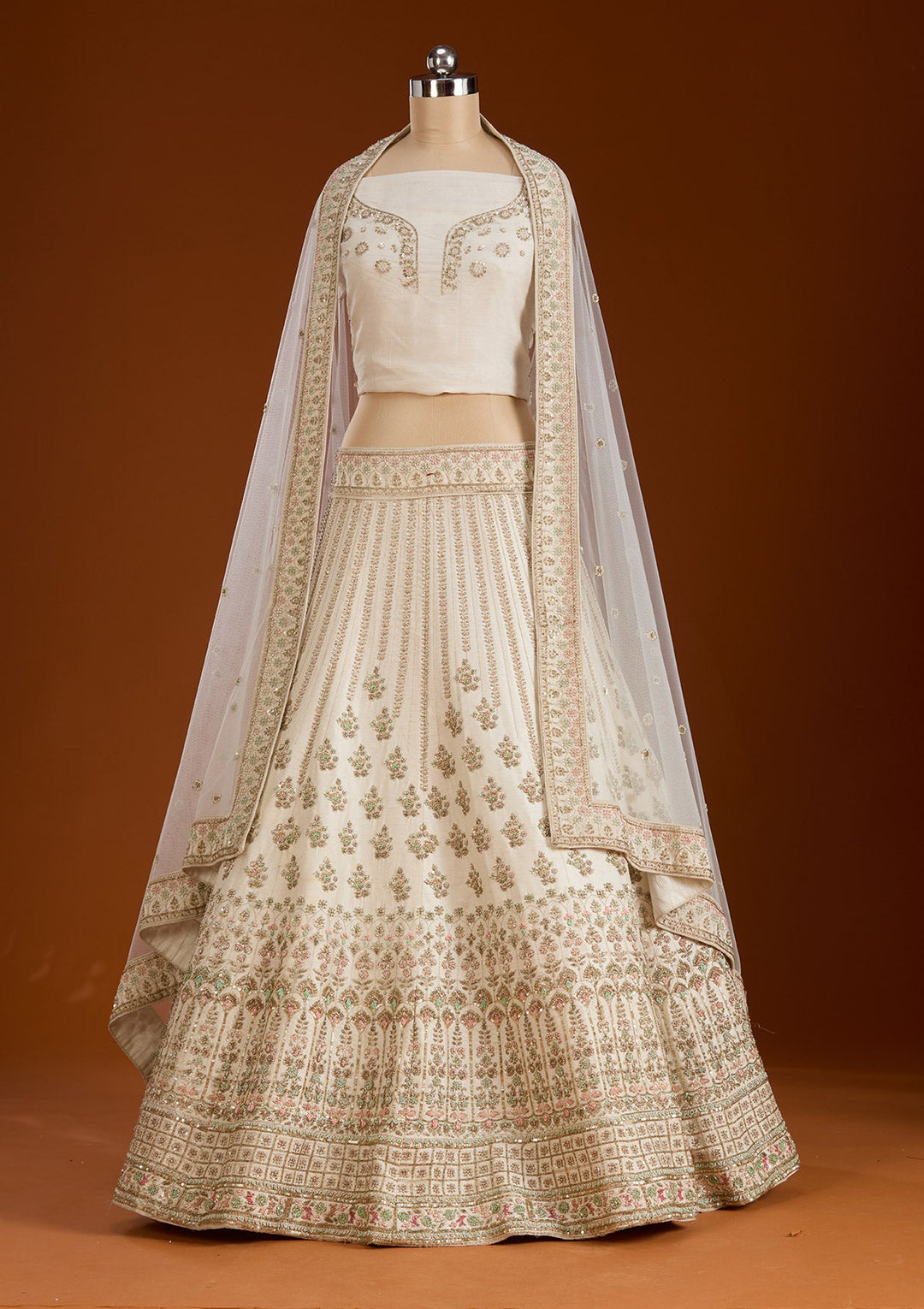 Cream Zardosi Raw Silk Semi-Stitched Lehenga-koskii