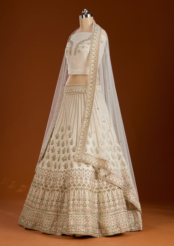 Cream Zardosi Raw Silk Semi-Stitched Lehenga-koskii