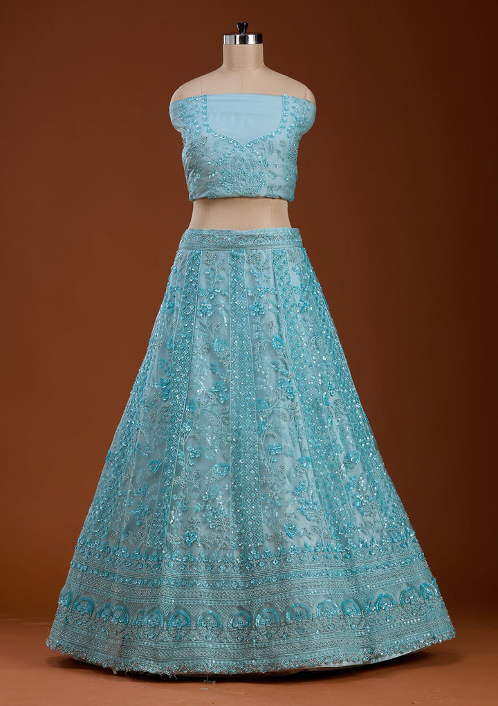 Sky Blue Sequins Net Semi-Stitched Lehenga-koskii