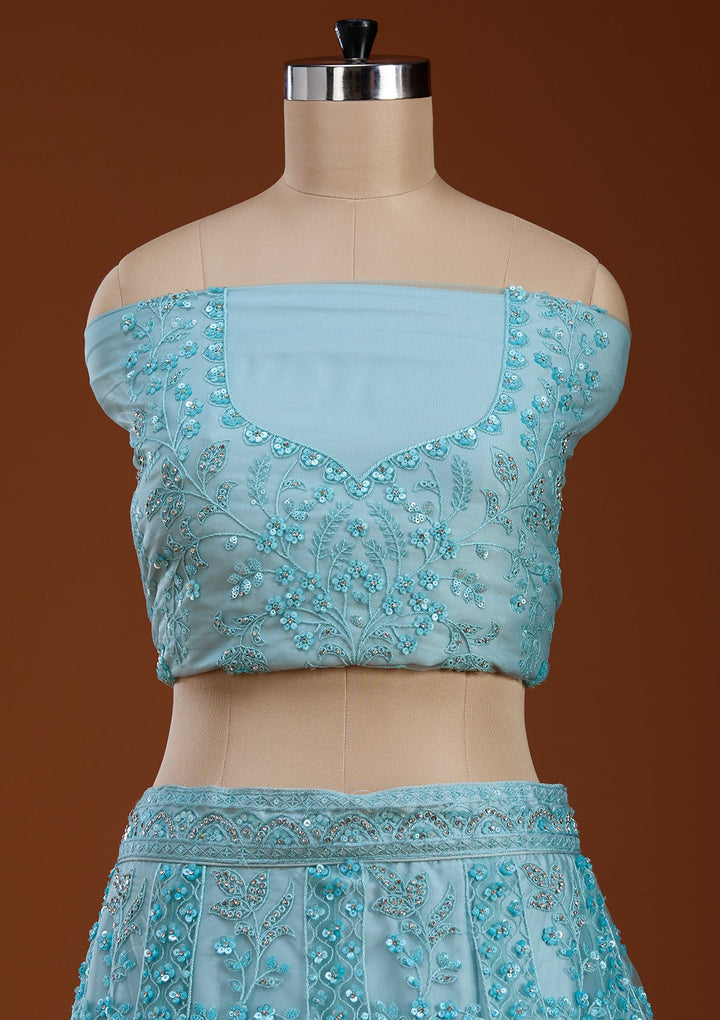 Sky Blue Sequins Net Semi-Stitched Lehenga-koskii