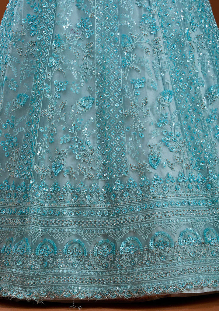 Sky Blue Sequins Net Semi-Stitched Lehenga-koskii