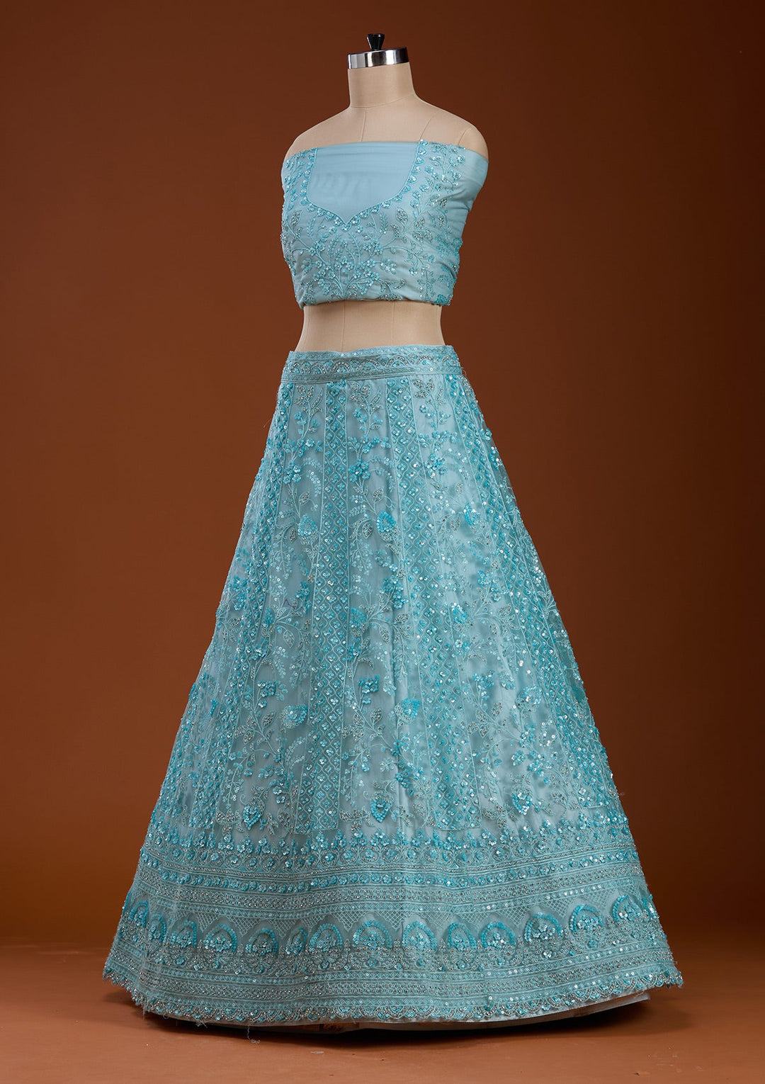 Sky Blue Sequins Net Semi-Stitched Lehenga-koskii