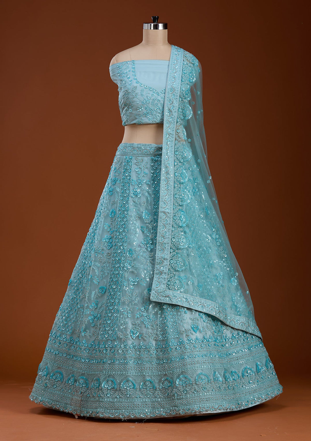 Sky Blue Sequins Net Semi-Stitched Lehenga-koskii