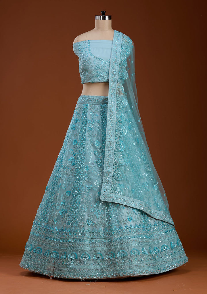 Sky Blue Sequins Net Semi-Stitched Lehenga-koskii