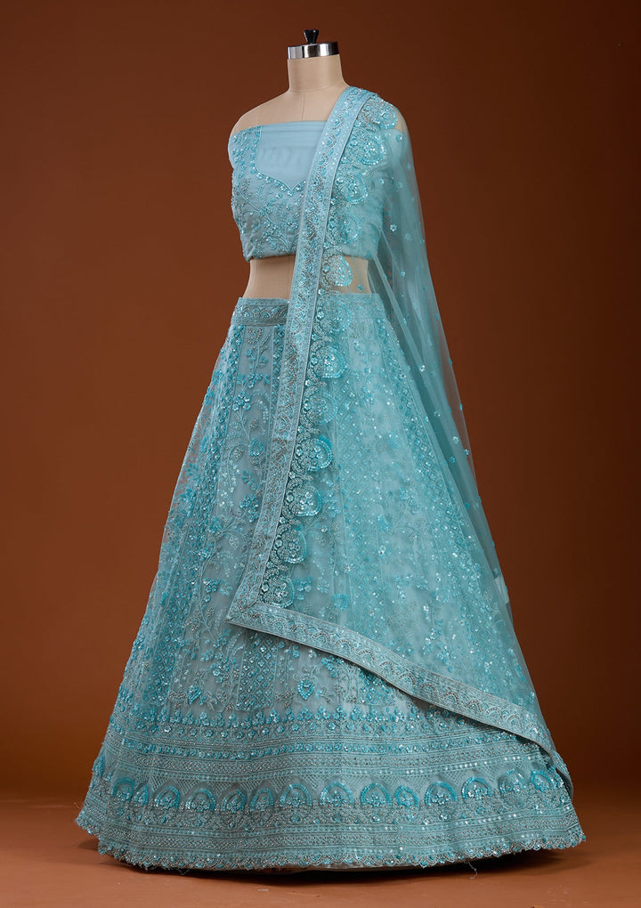 Sky Blue Sequins Net Semi-Stitched Lehenga-koskii