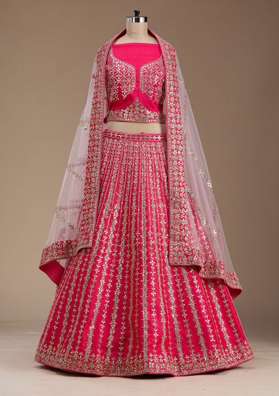 Pink Zardosi Raw Silk Semi-Stitched Lehenga-koskii