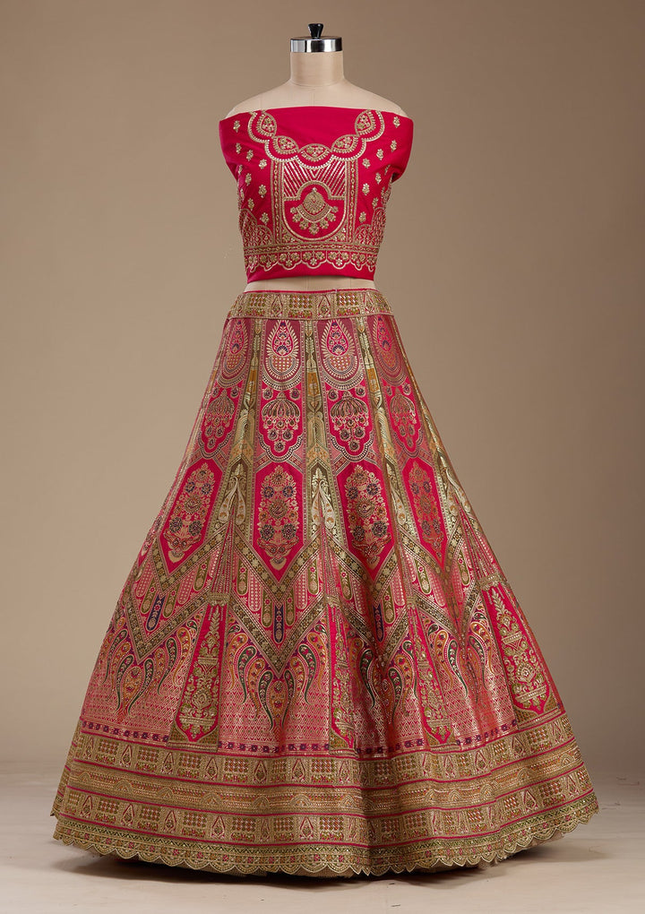Rani Pink Zariwork Banarasi Semi-Stitched Lehenga-koskii