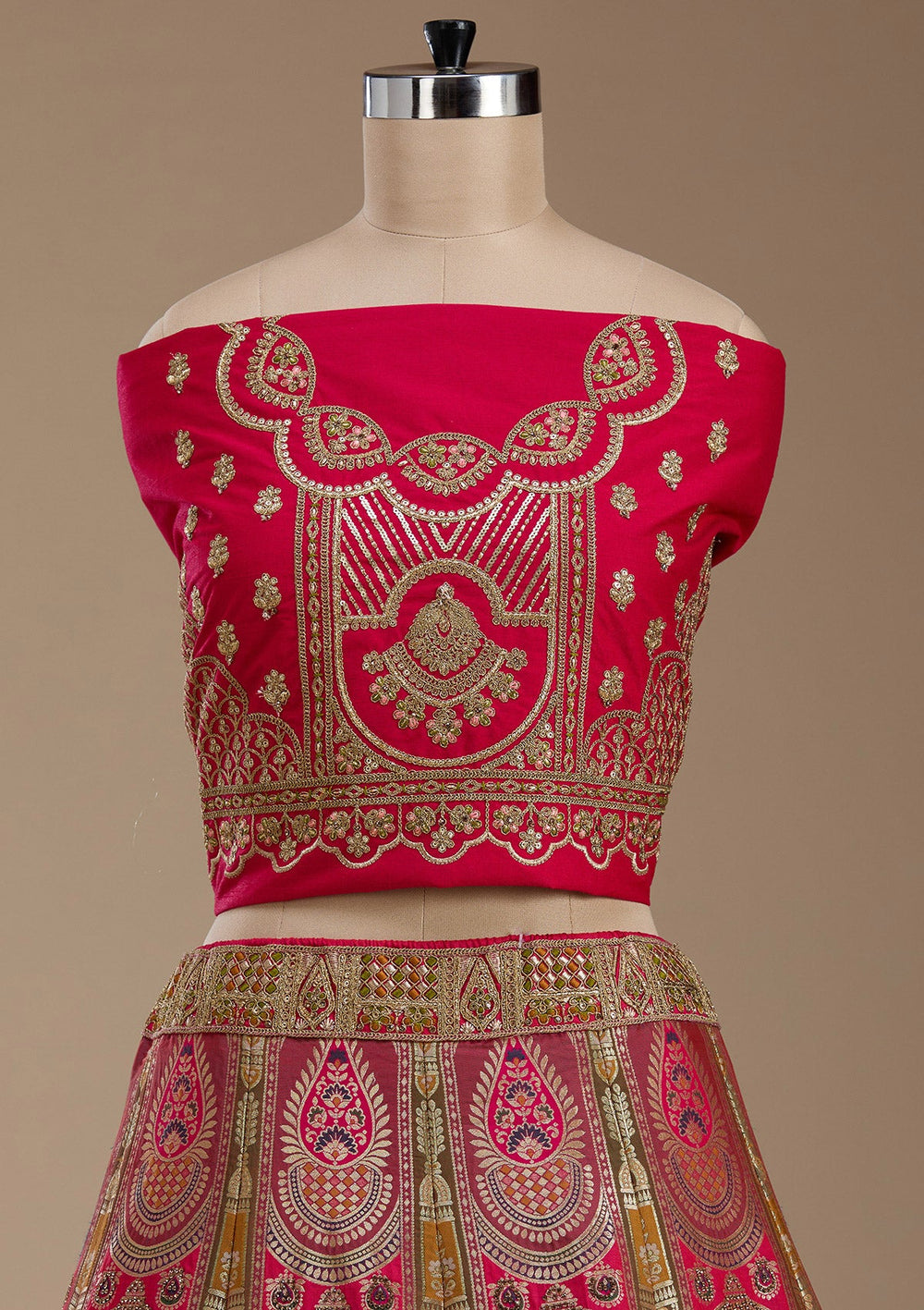 Rani Pink Zariwork Banarasi Semi-Stitched Lehenga-koskii