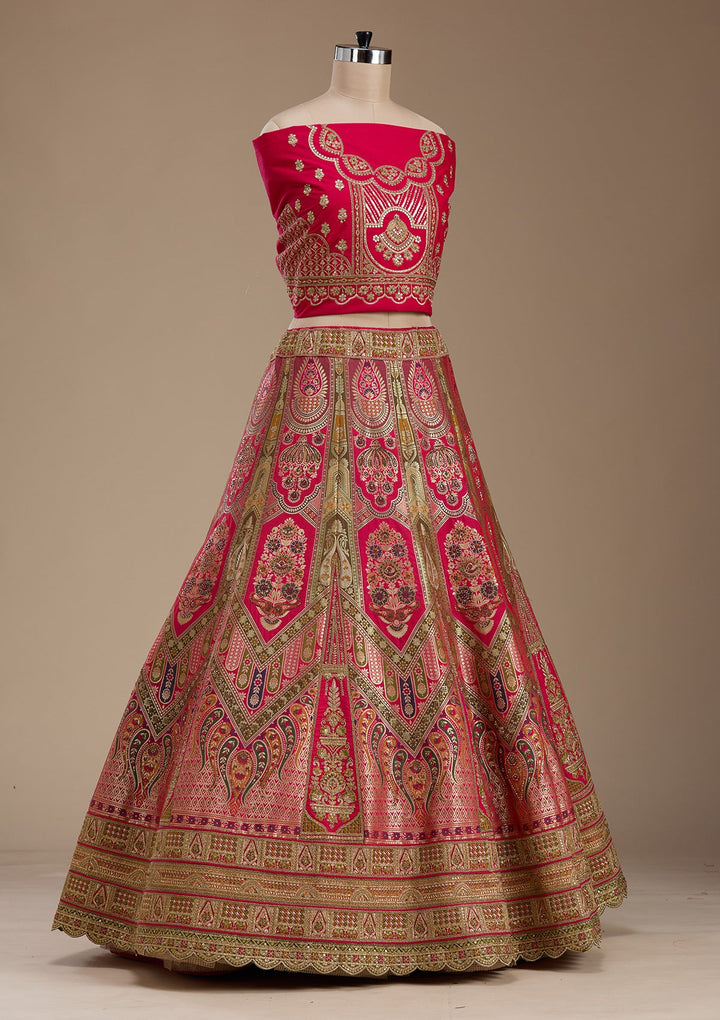 Rani Pink Zariwork Banarasi Semi-Stitched Lehenga-koskii