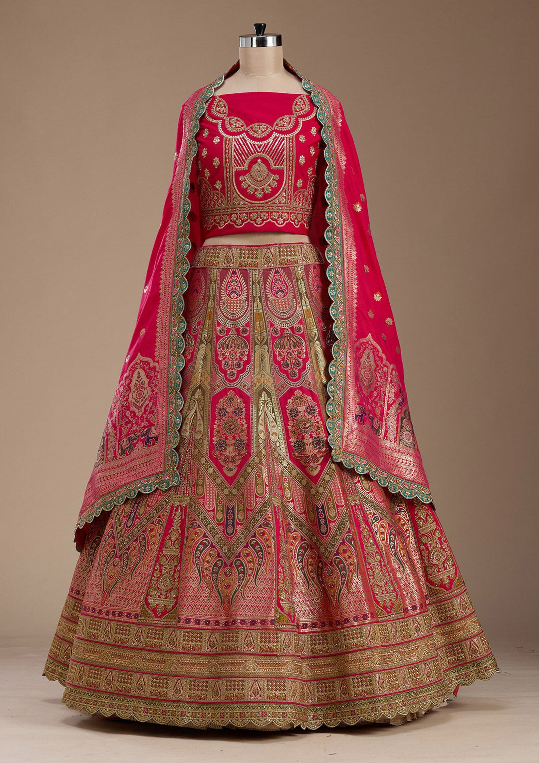 Rani Pink Zariwork Banarasi Semi-Stitched Lehenga-koskii