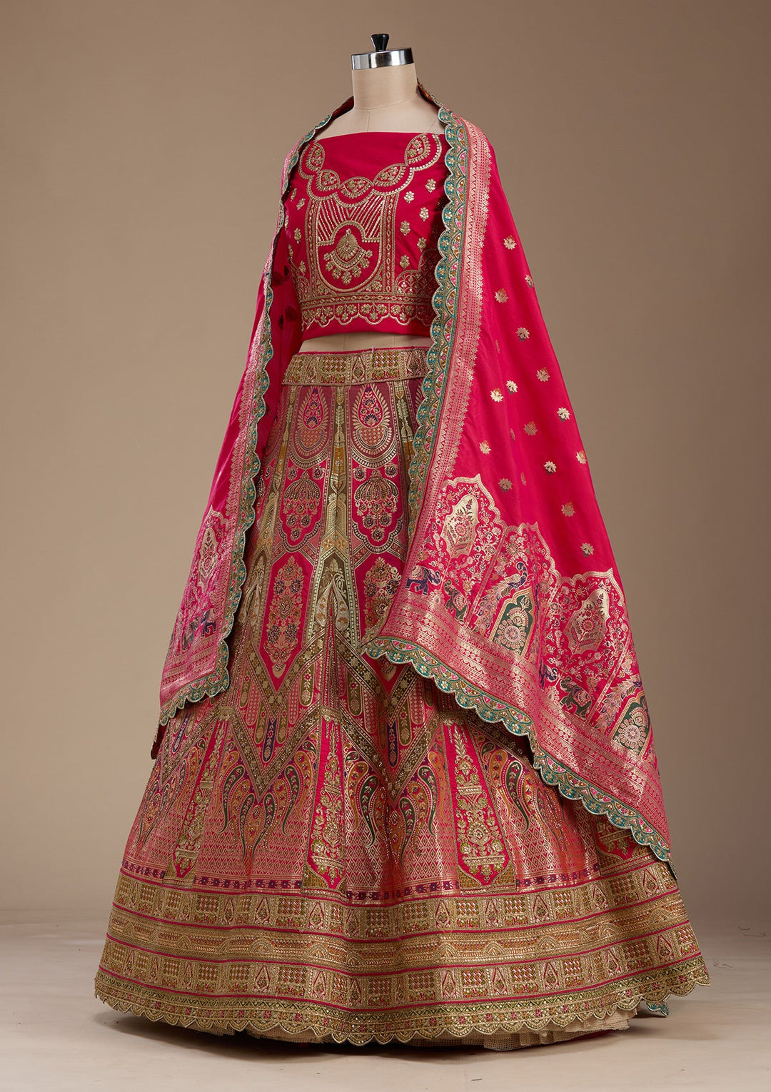 Rani Pink Zariwork Banarasi Semi-Stitched Lehenga-koskii