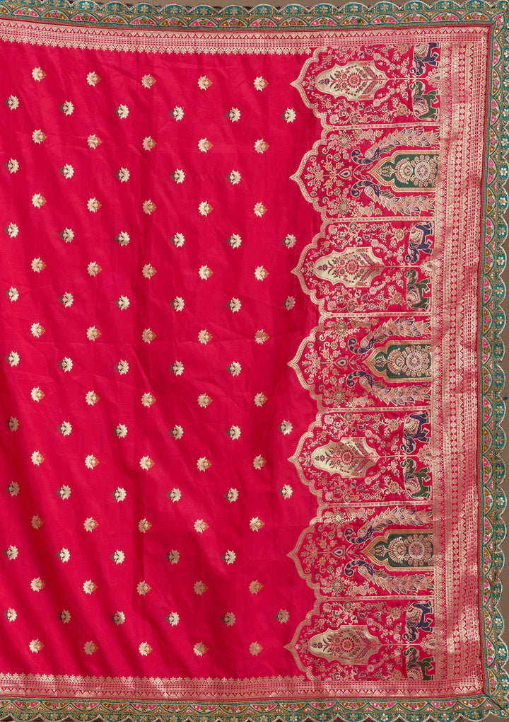 Rani Pink Zariwork Banarasi Semi-Stitched Lehenga-koskii