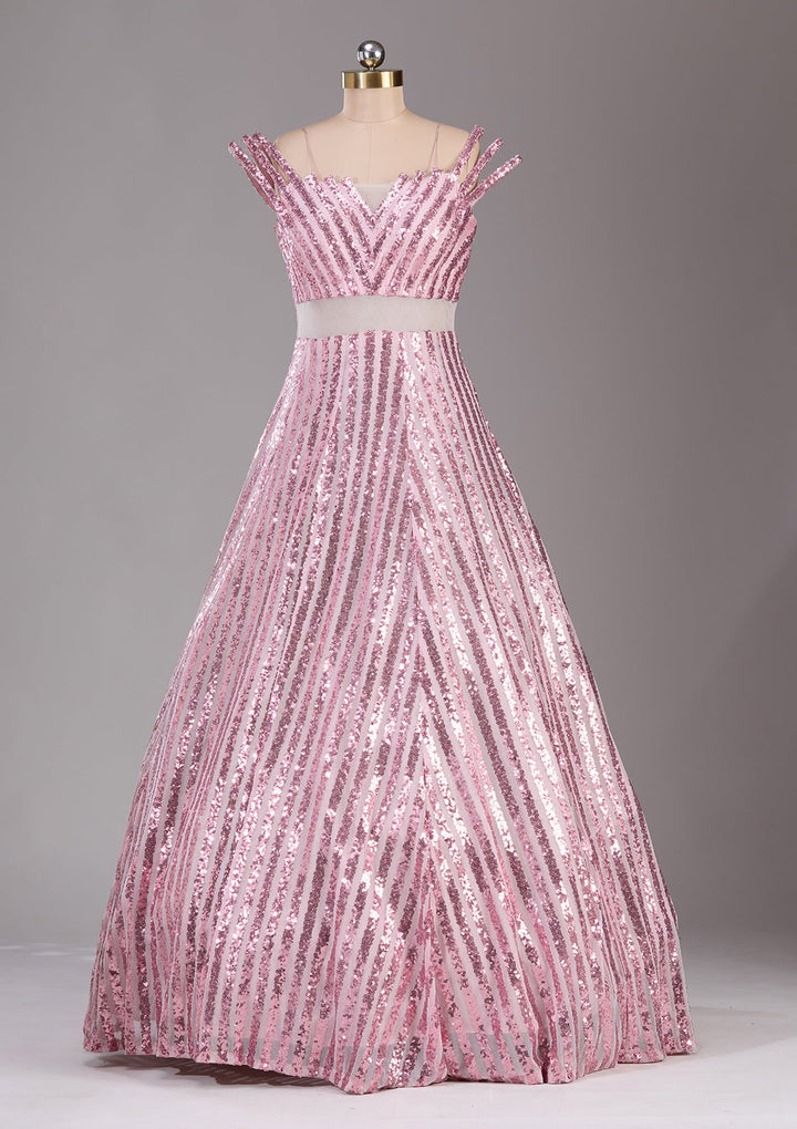 Pink Sequins Net Readymade Lehenga-Koskii