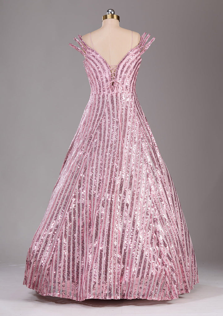 Pink Sequins Net Readymade Lehenga-Koskii