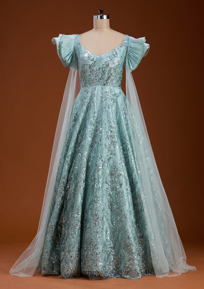 Sea Green Cutdana Net Gown-koskii