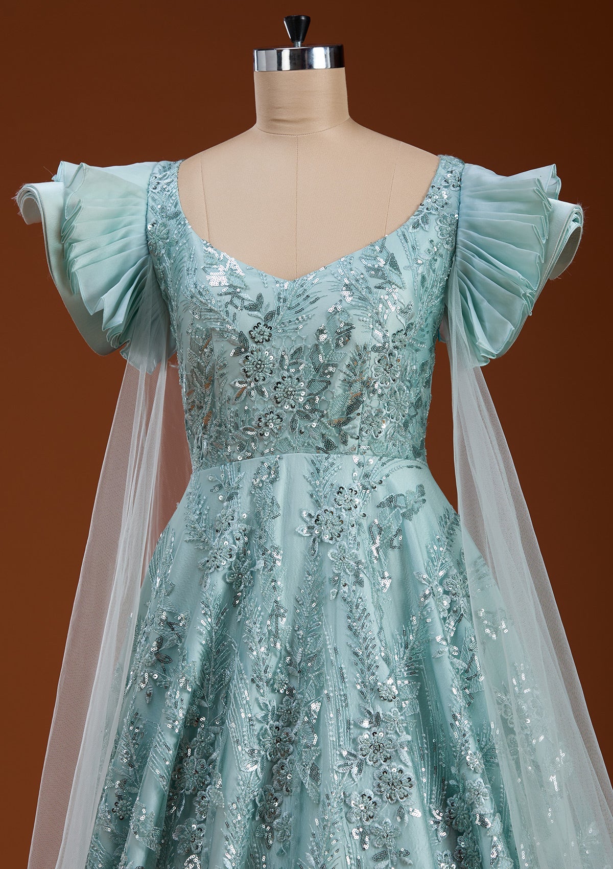 Sea Green Cutdana Net Gown-koskii