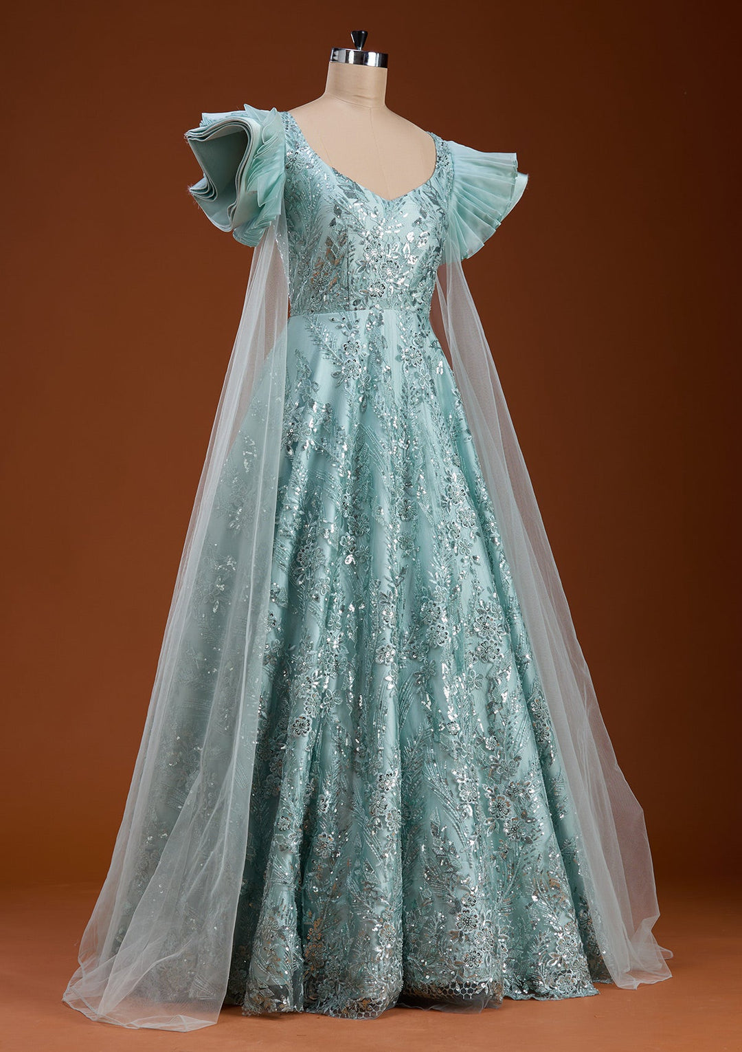 Sea Green Cutdana Net Gown-koskii