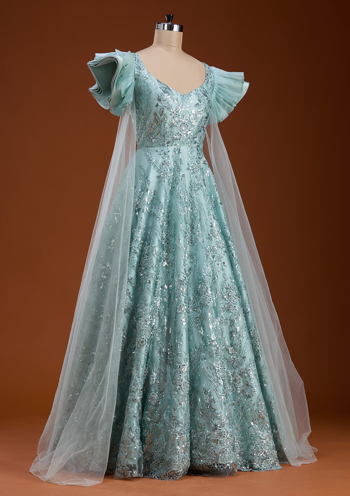 Sea Green Cutdana Net Gown-koskii