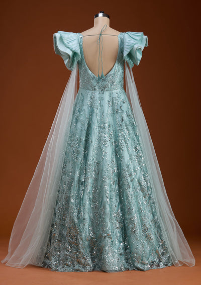 Sea Green Cutdana Net Gown-koskii