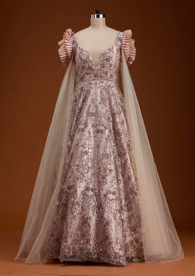Light Brown Threadwork Net Gown-koskii