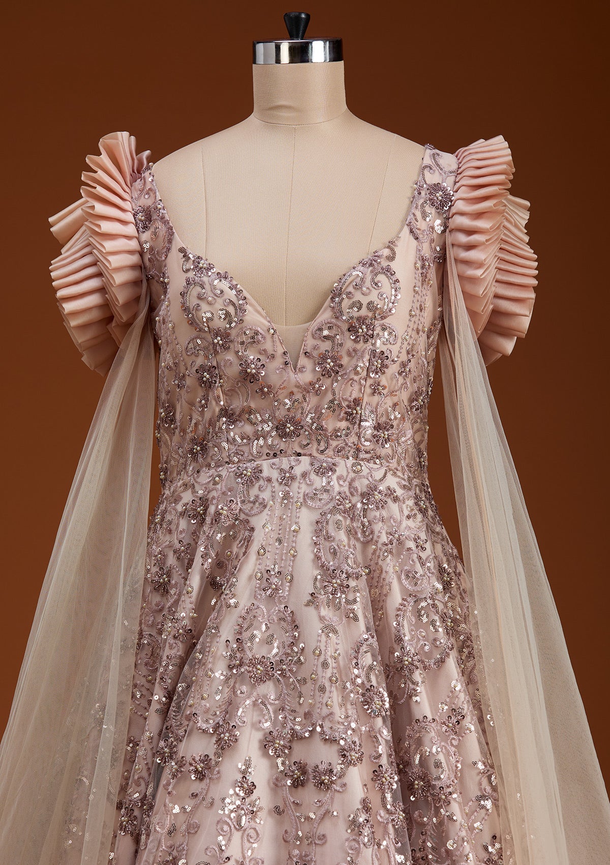 Light Brown Threadwork Net Gown-koskii