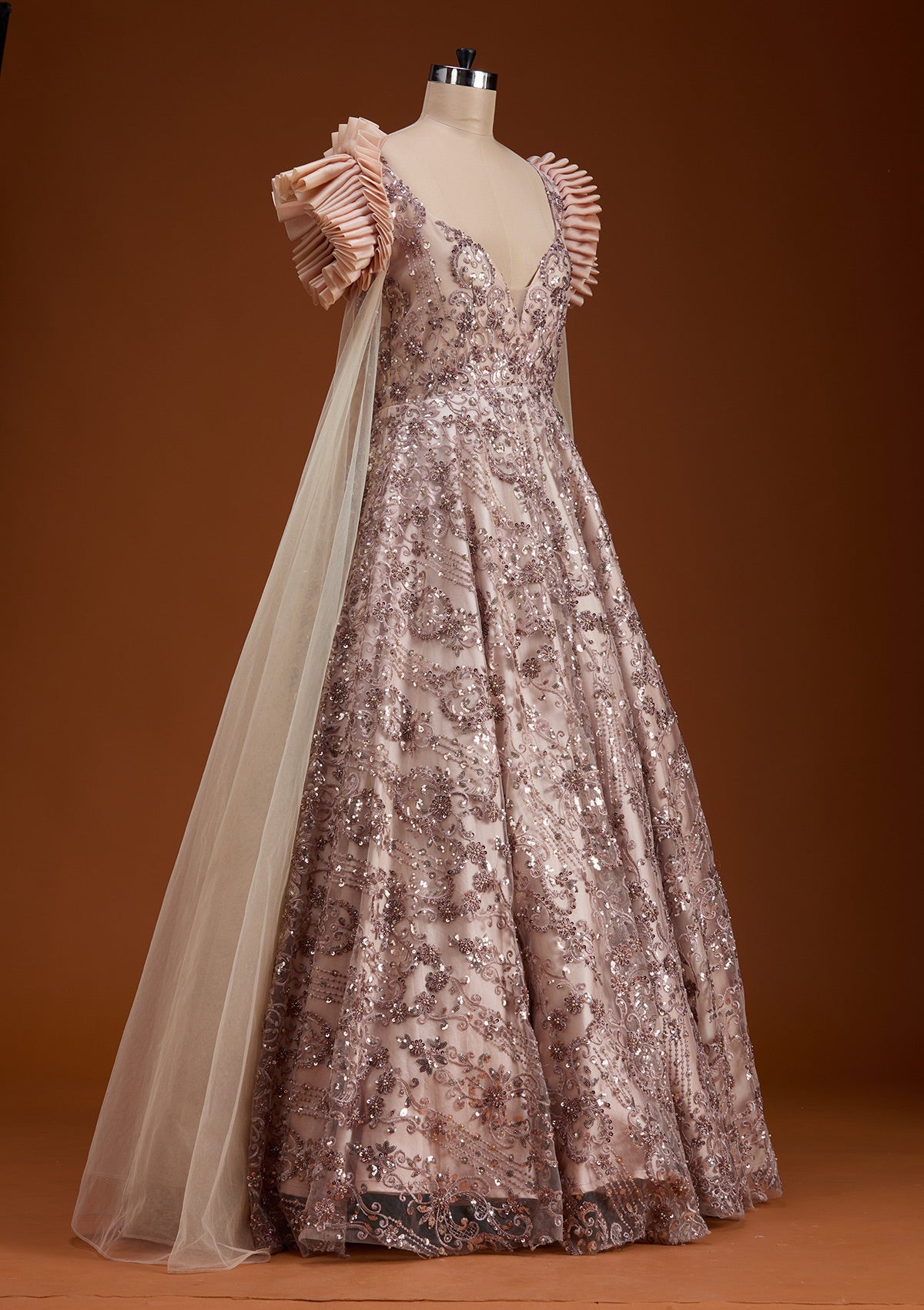 Light Brown Threadwork Net Gown-koskii
