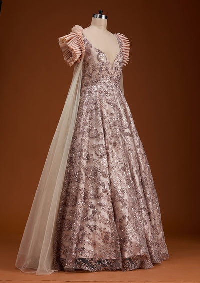 Light Brown Threadwork Net Gown-koskii