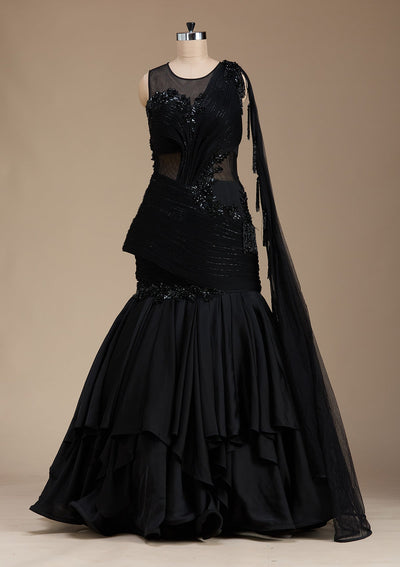 Black Sequins Satin Gown-koskii