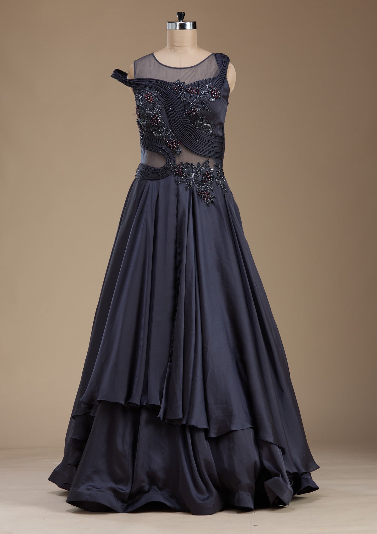 Grey Sequins Satin Gown-koskii