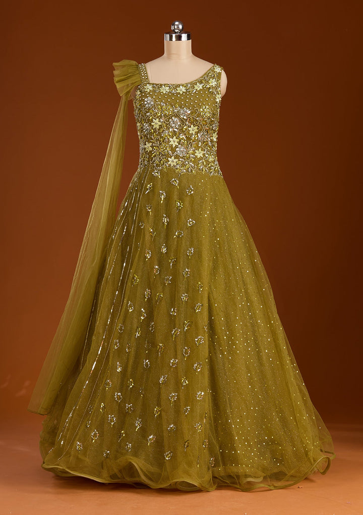 Mehendi Sequins Net Readymade Lehenga-koskii
