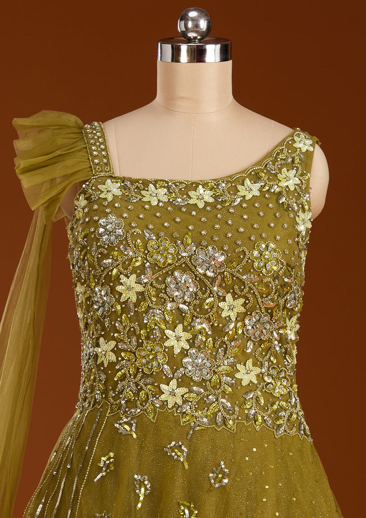Mehendi Sequins Net Readymade Lehenga-koskii