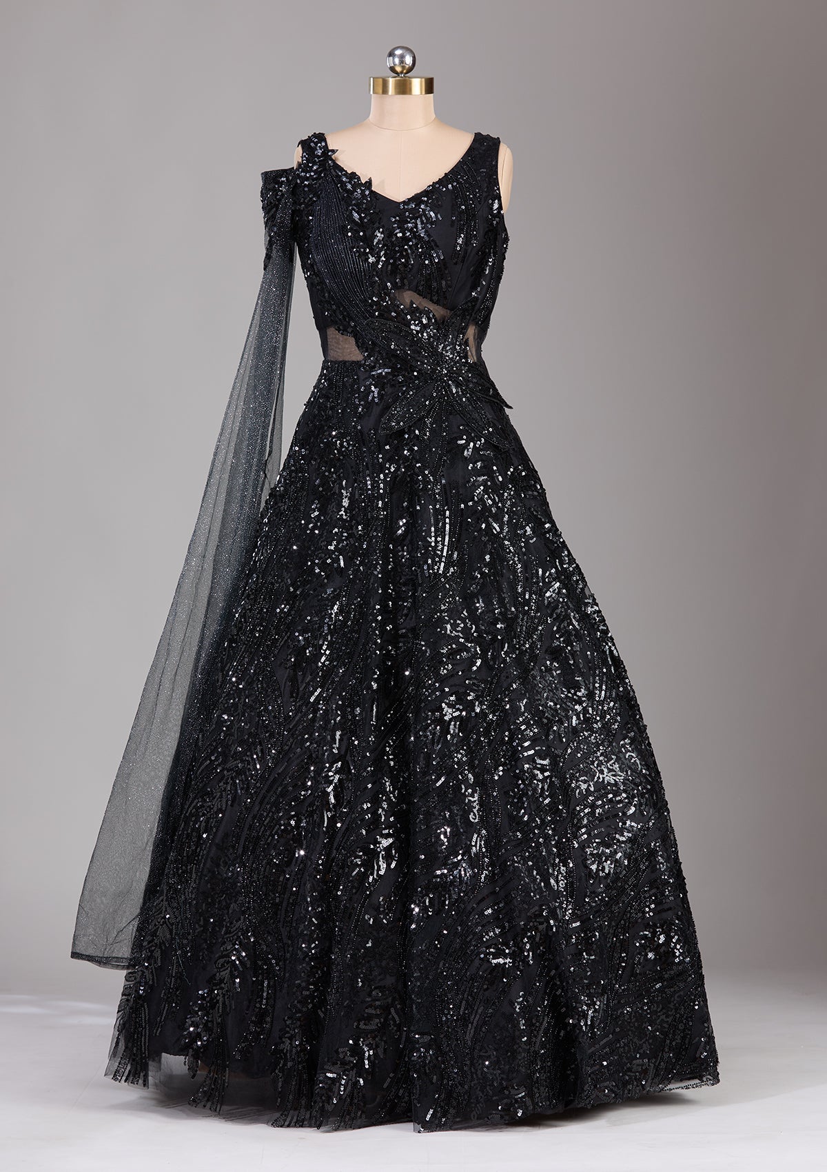 Black Cutdana Net Readymade Lehenga-Koskii