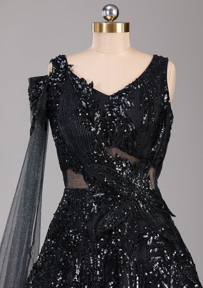 Black Cutdana Net Readymade Lehenga-Koskii