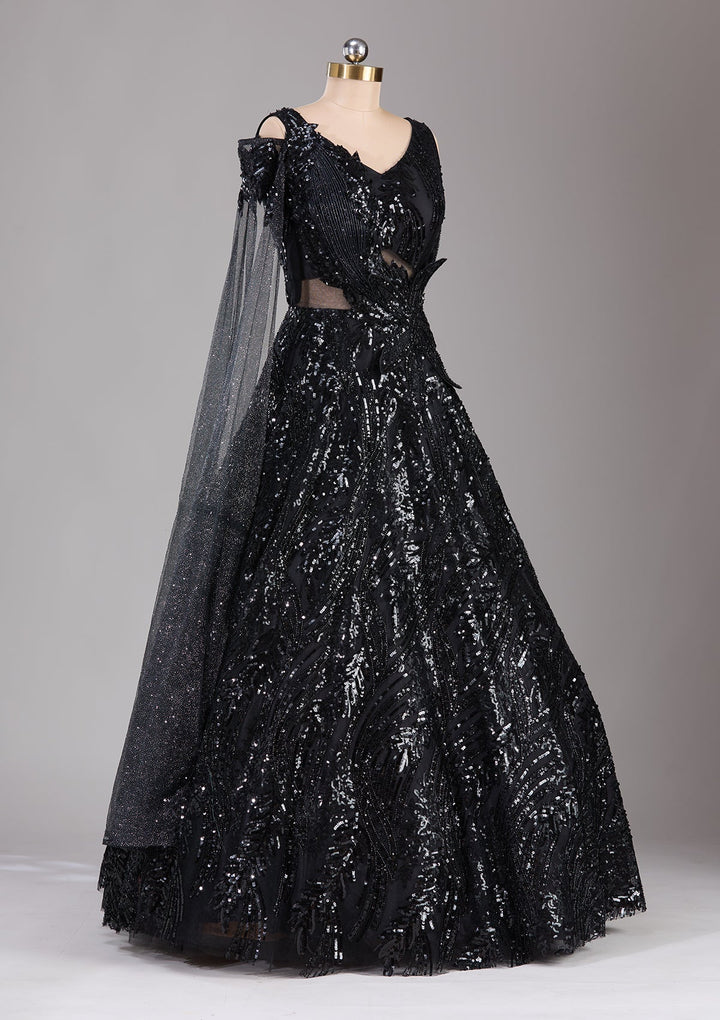 Black Cutdana Net Readymade Lehenga-Koskii