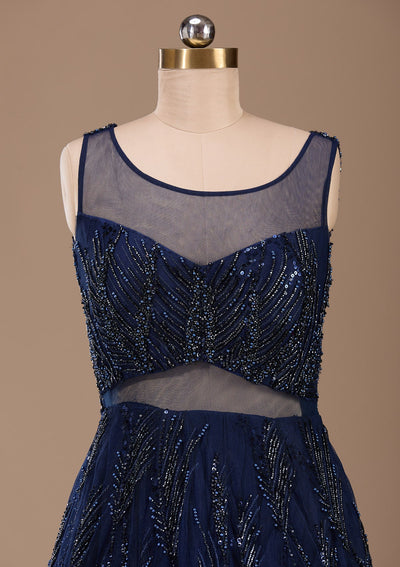 Navy Blue Cutdana Net Readymade Lehenga-Koskii