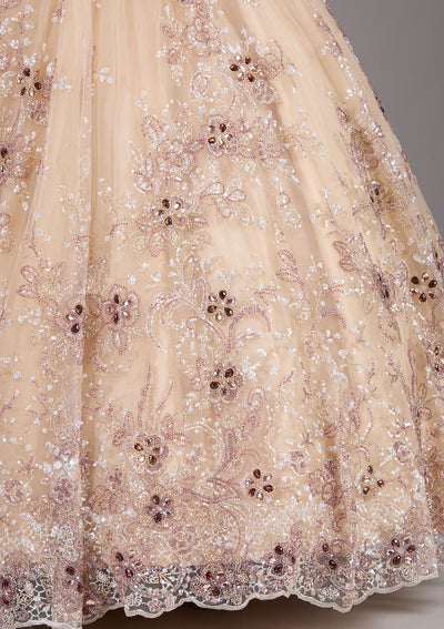 Beige Stonework Net Readymade Lehenga-Koskii