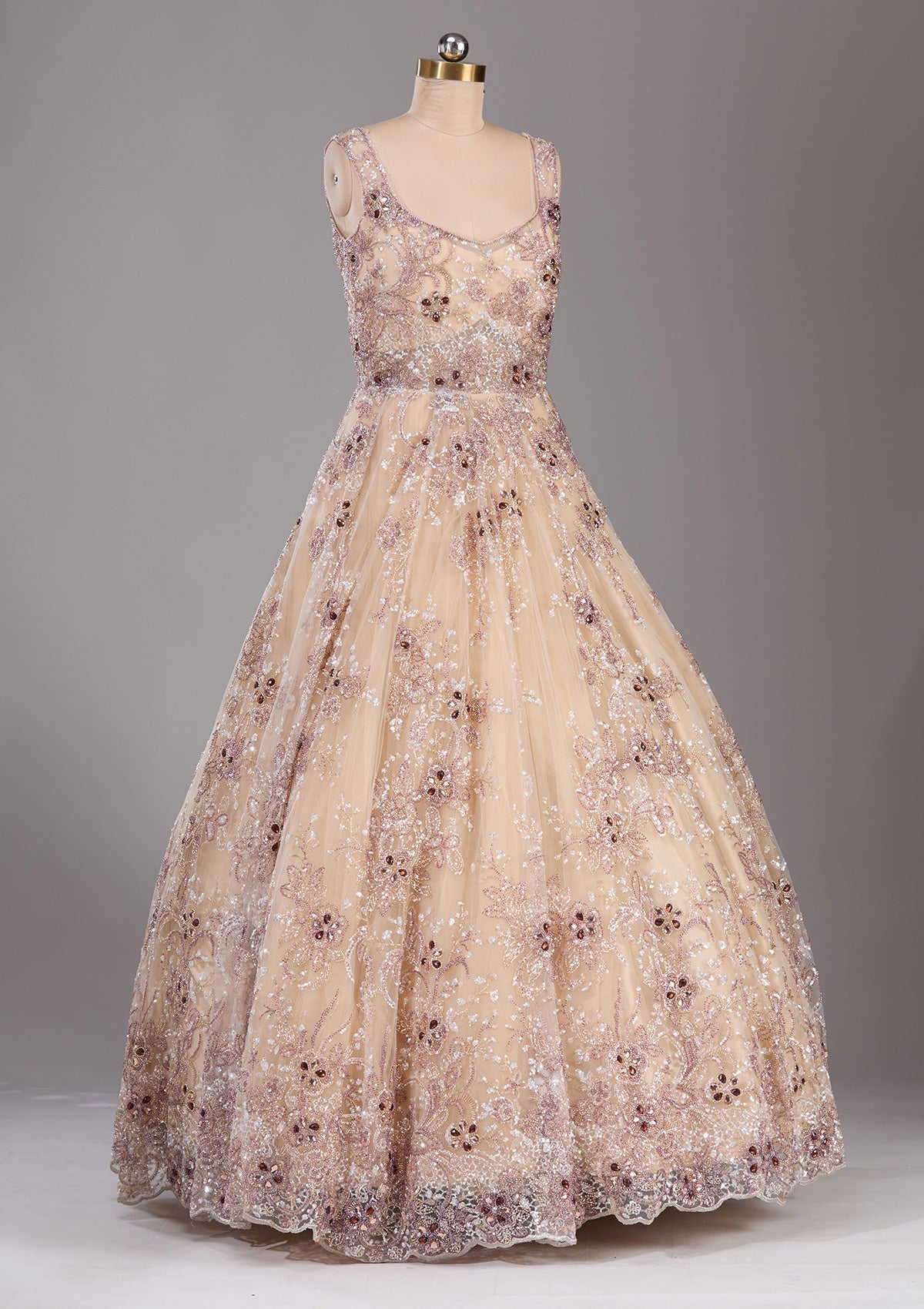 Beige Stonework Net Readymade Lehenga-Koskii