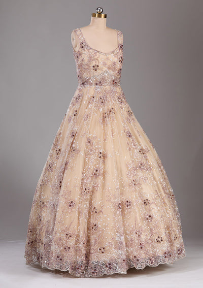 Beige Stonework Net Readymade Lehenga-Koskii