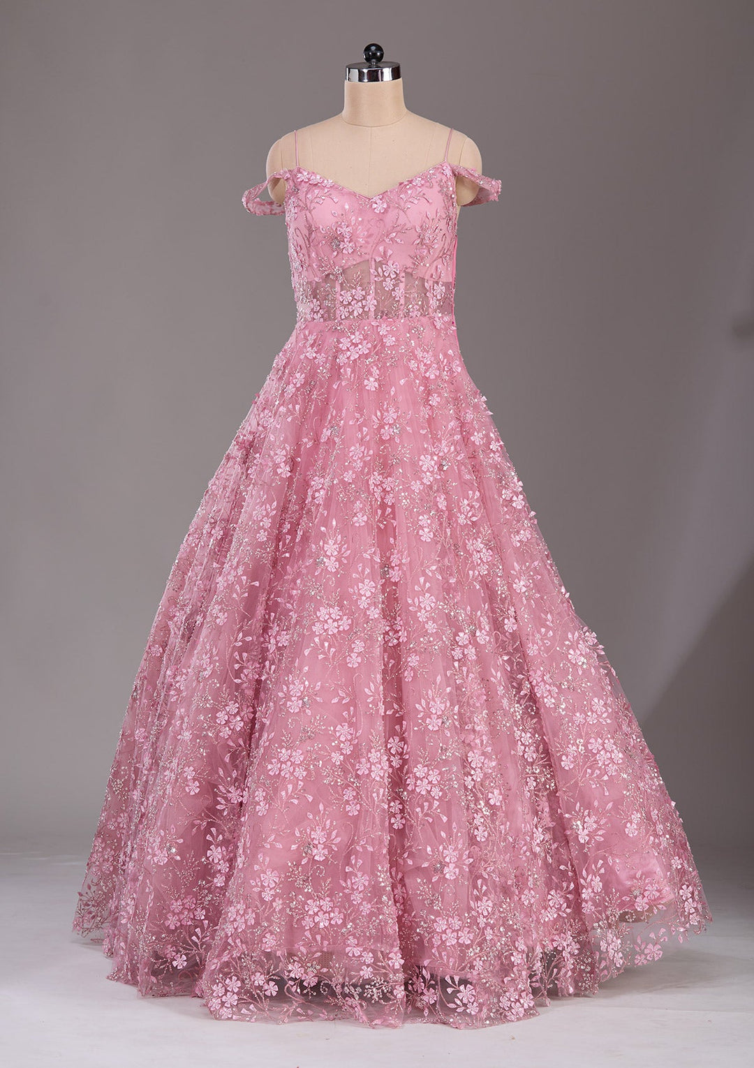 Baby Pink Applique Net Readymade Lehenga-Koskii