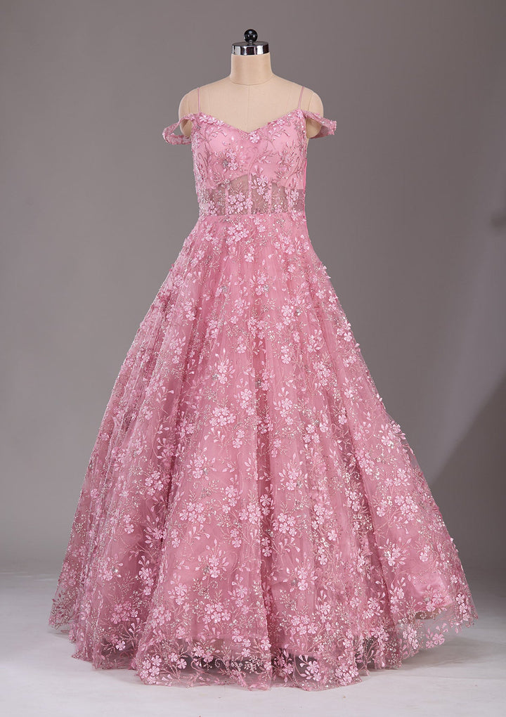 Baby Pink Applique Net Readymade Lehenga-Koskii