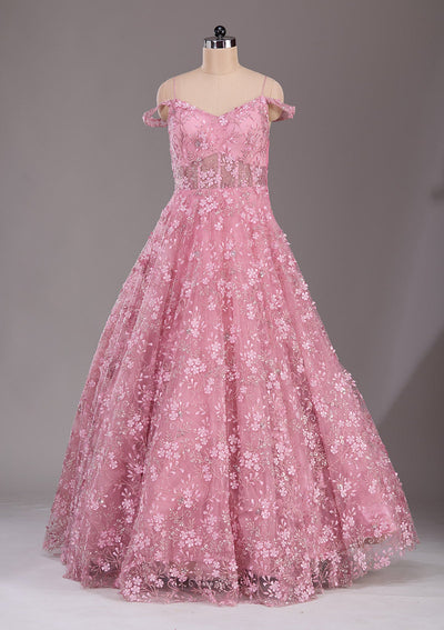 Baby Pink Applique Net Readymade Lehenga-Koskii
