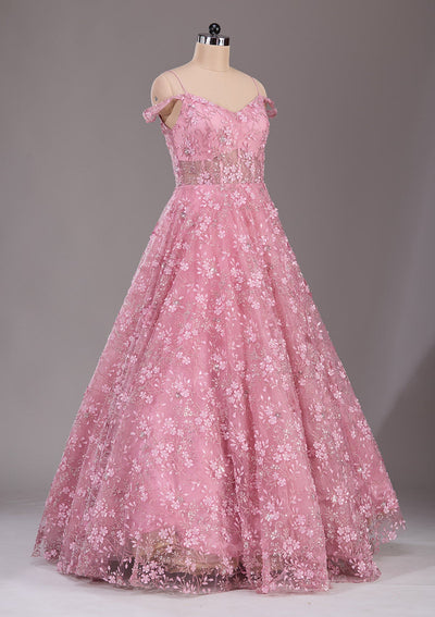 Baby Pink Applique Net Readymade Lehenga-Koskii