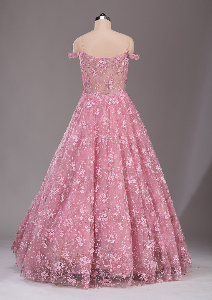 Baby Pink Applique Net Readymade Lehenga-Koskii