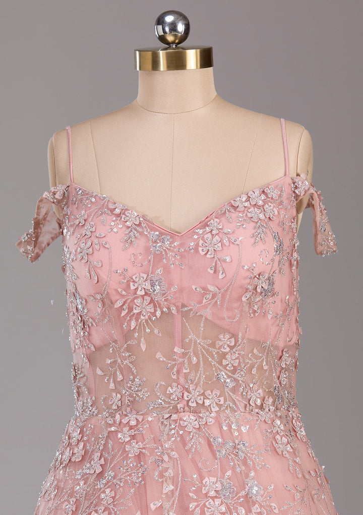 Pink Applique Net Readymade Lehenga-Koskii